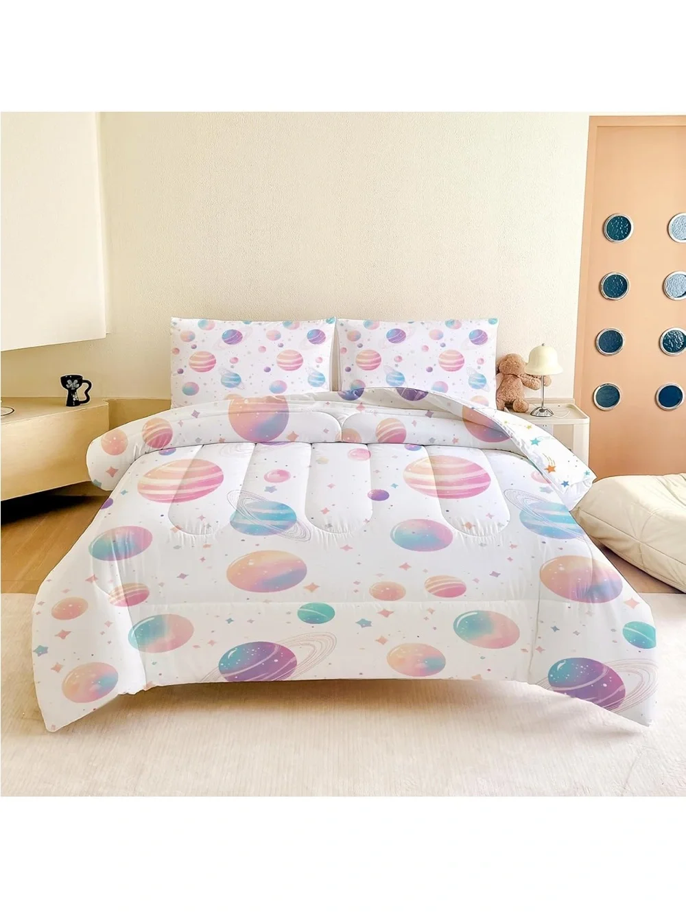 Full Space Bedding Set - 5 Piece Rocket Planet Comforter with Deep-Pocket Sheet